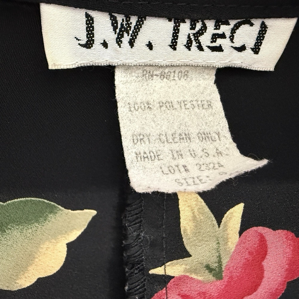 J.W. Treci Slip Dress Black Size 8 Vintage 90s Midi Sleeveless Roses Lightweight